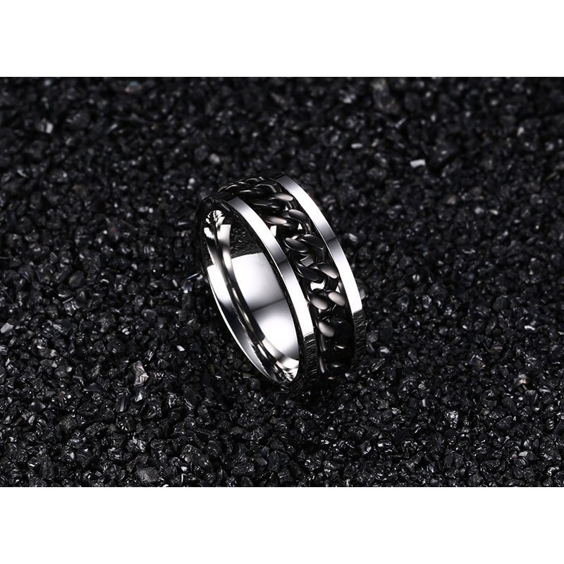 Anillo para hombre en acero inoxidable con spinner ondulado negro