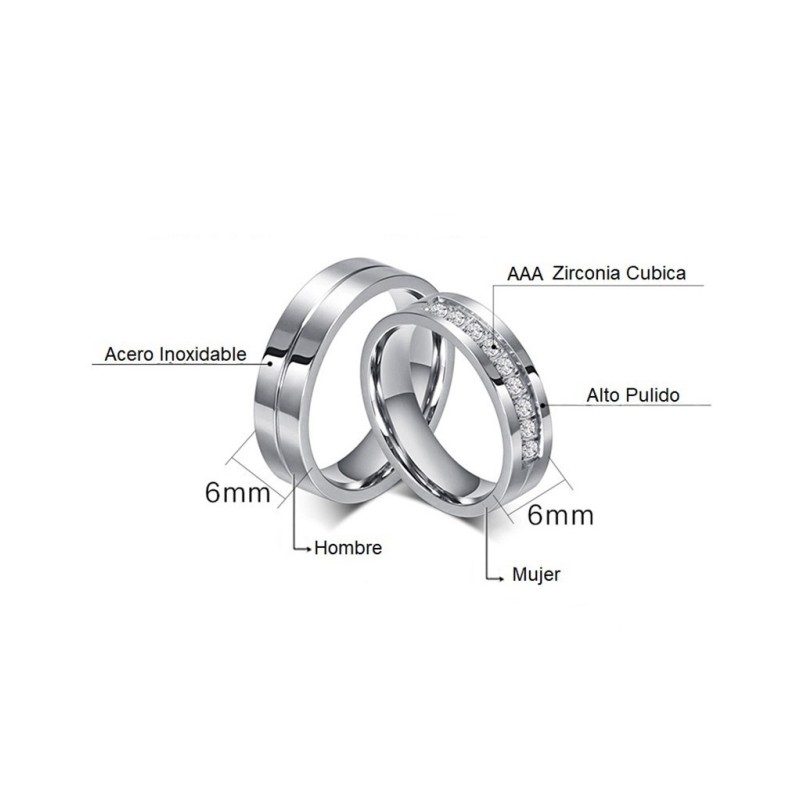 Argollas de matrimonio con zirconias en acero inoxidable