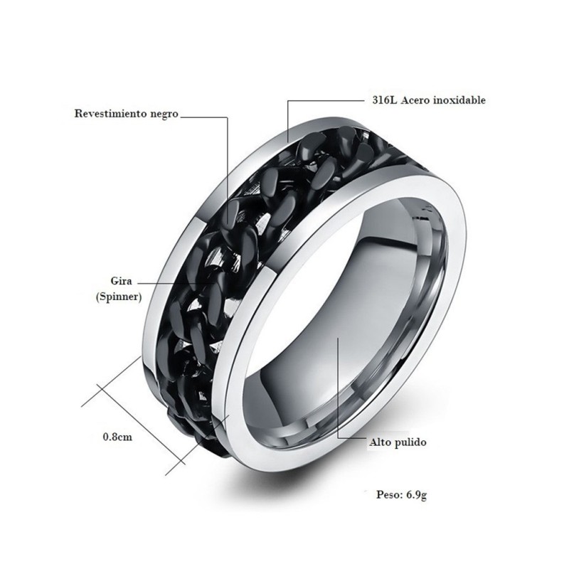 Anillo para hombre en acero inoxidable con spinner ondulado negro