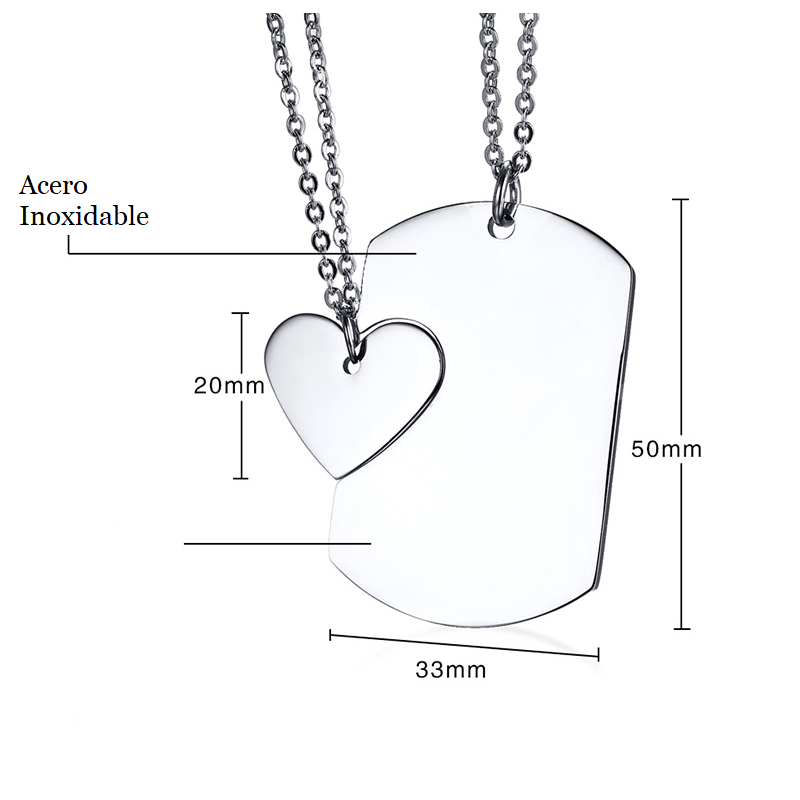 Collar con dijes para pareja de fichas de corazón en acero inoxidable