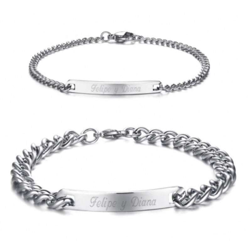 Brazaletes plateados para parejas grabados en acero inoxidable