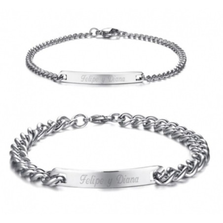 Brazaletes plateados para parejas grabados en acero inoxidable