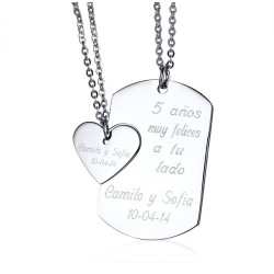 Collar con dijes para pareja de fichas de corazón en acero inoxidable