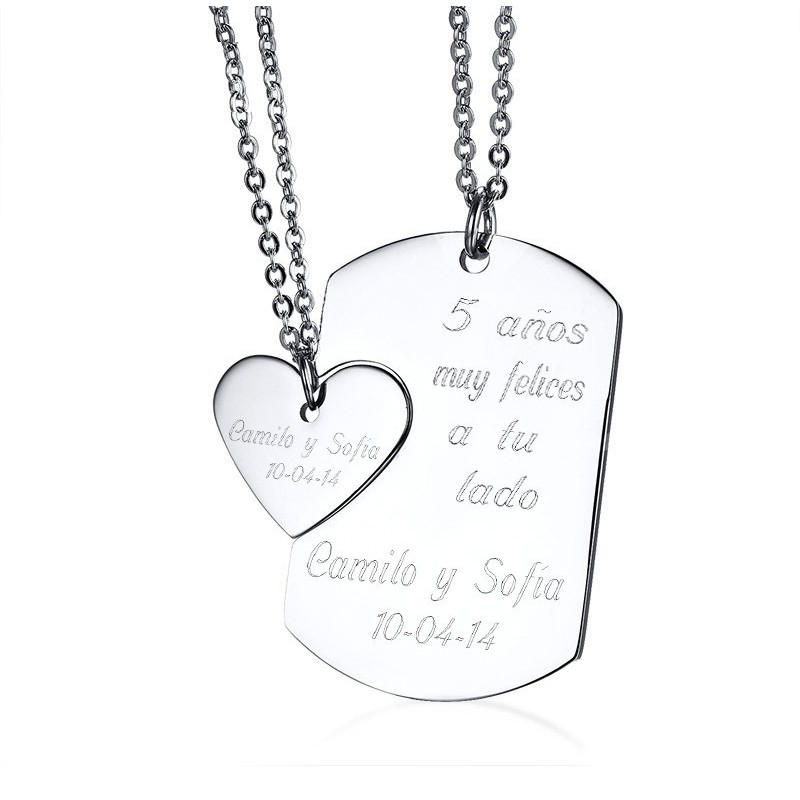 Collar con dijes para pareja de fichas de corazón en acero inoxidable