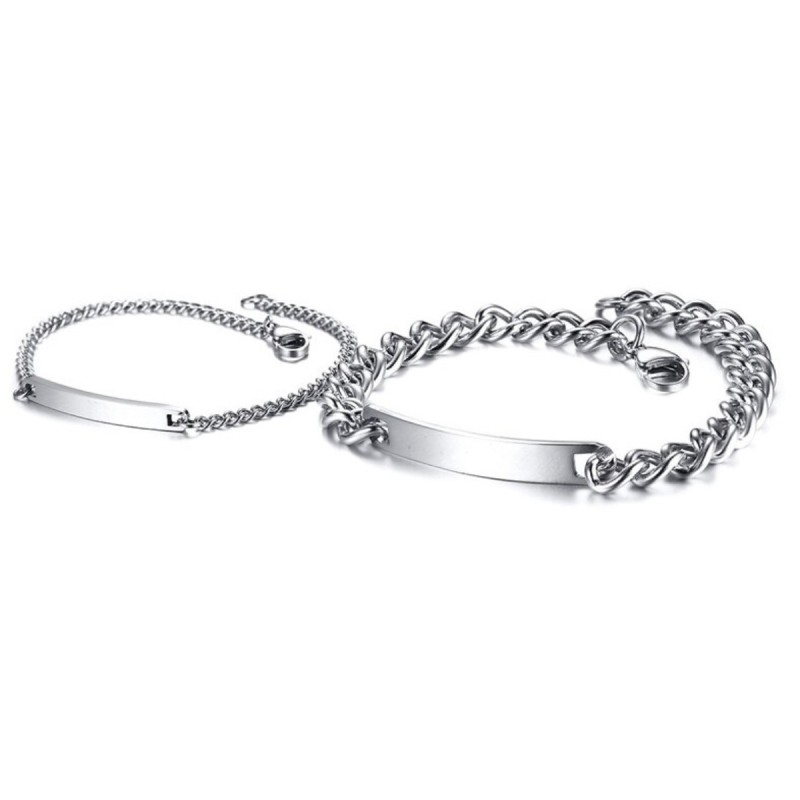 Brazaletes plateados para parejas grabados en acero inoxidable