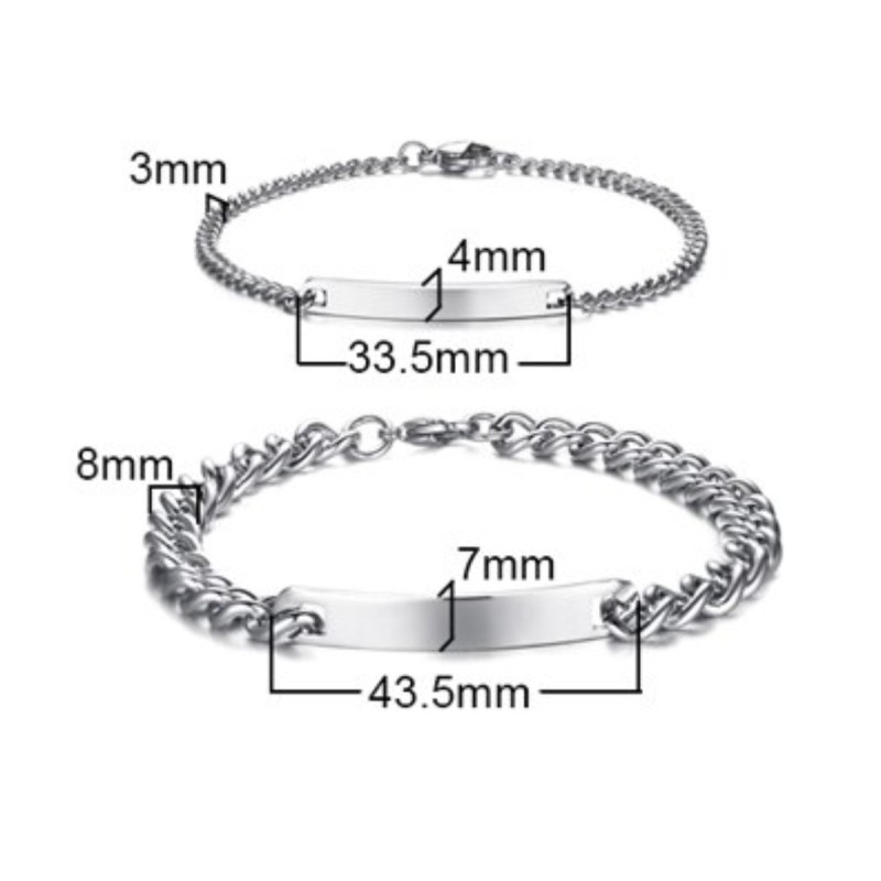 Brazaletes plateados para parejas grabados en acero inoxidable