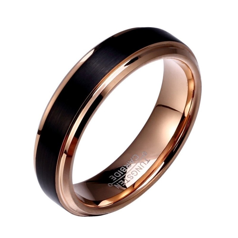 Argollas de matrimonio en tungsteno negro franja color oro rosado