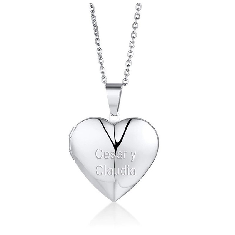 Collar relicario corazón acero inoxidable grabado texto