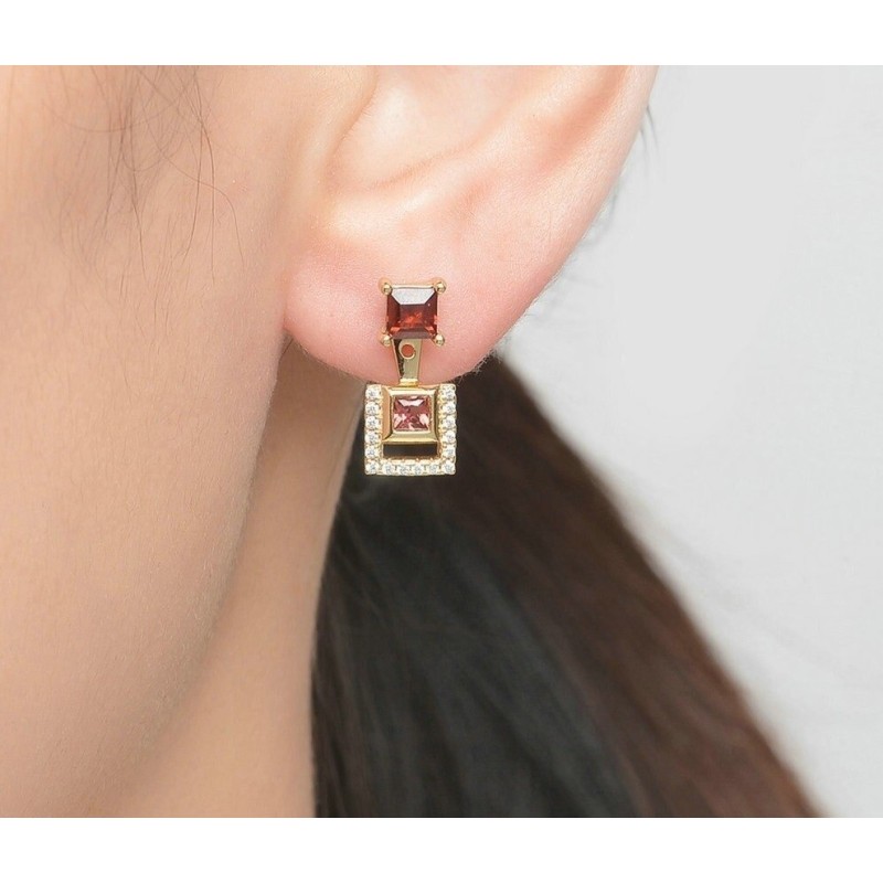 Aretes elegantes granate 2 en 1 en plata