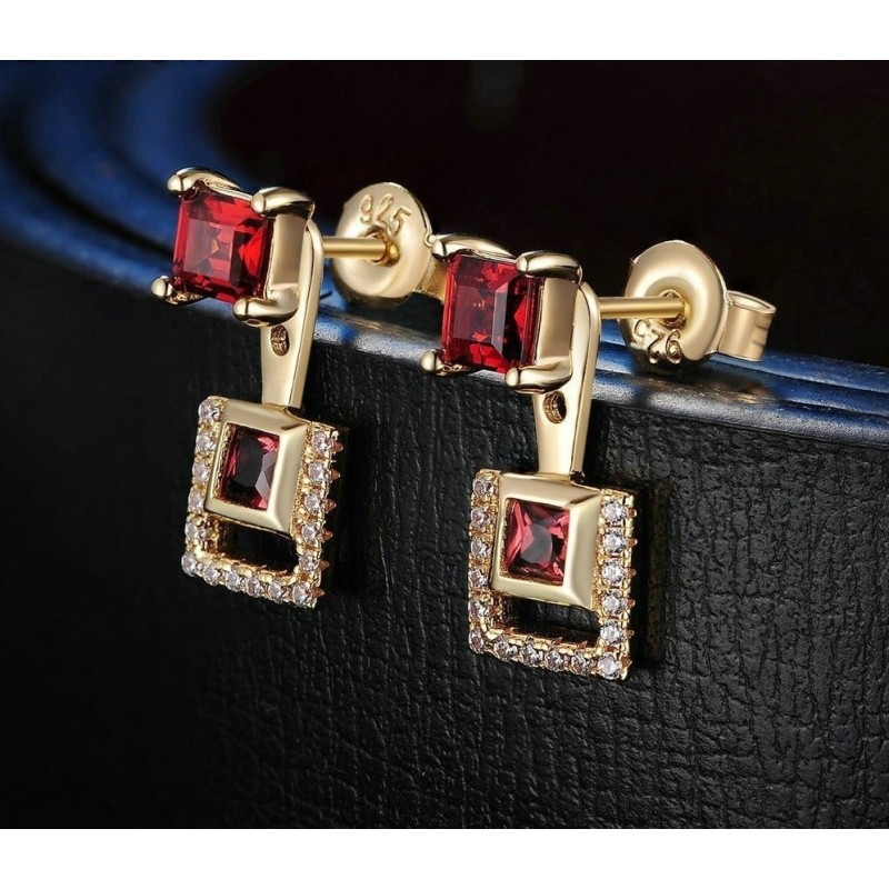 Aretes elegantes granate 2 en 1 en plata