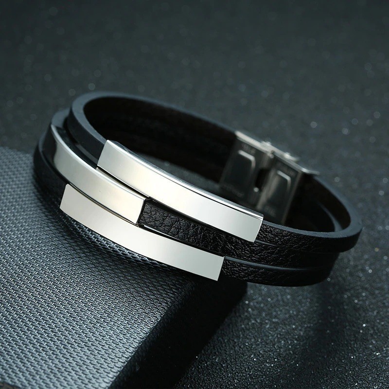 Brazalete para hombre 3 placas de grabado en acero inoxidable