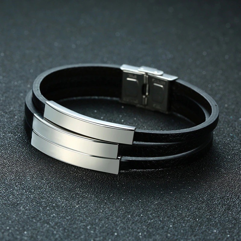 Brazalete para hombre 3 placas de grabado en acero inoxidable