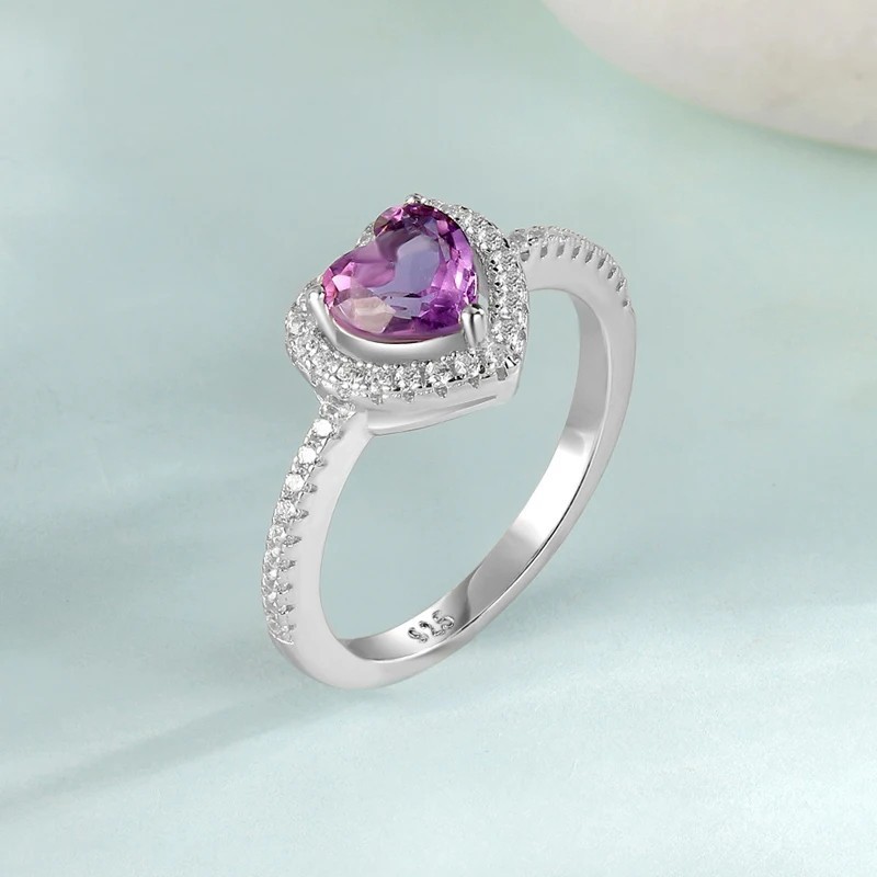 Anillo de compromiso en plata con corazón de amatista - Anillo de matrimo