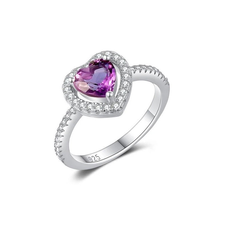 Anillo de compromiso en plata con corazón de amatista - Anillo de matrimo